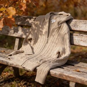 St.John's Bay sweater/cardigan camel/beige LM cable knit hood full Zip luxury